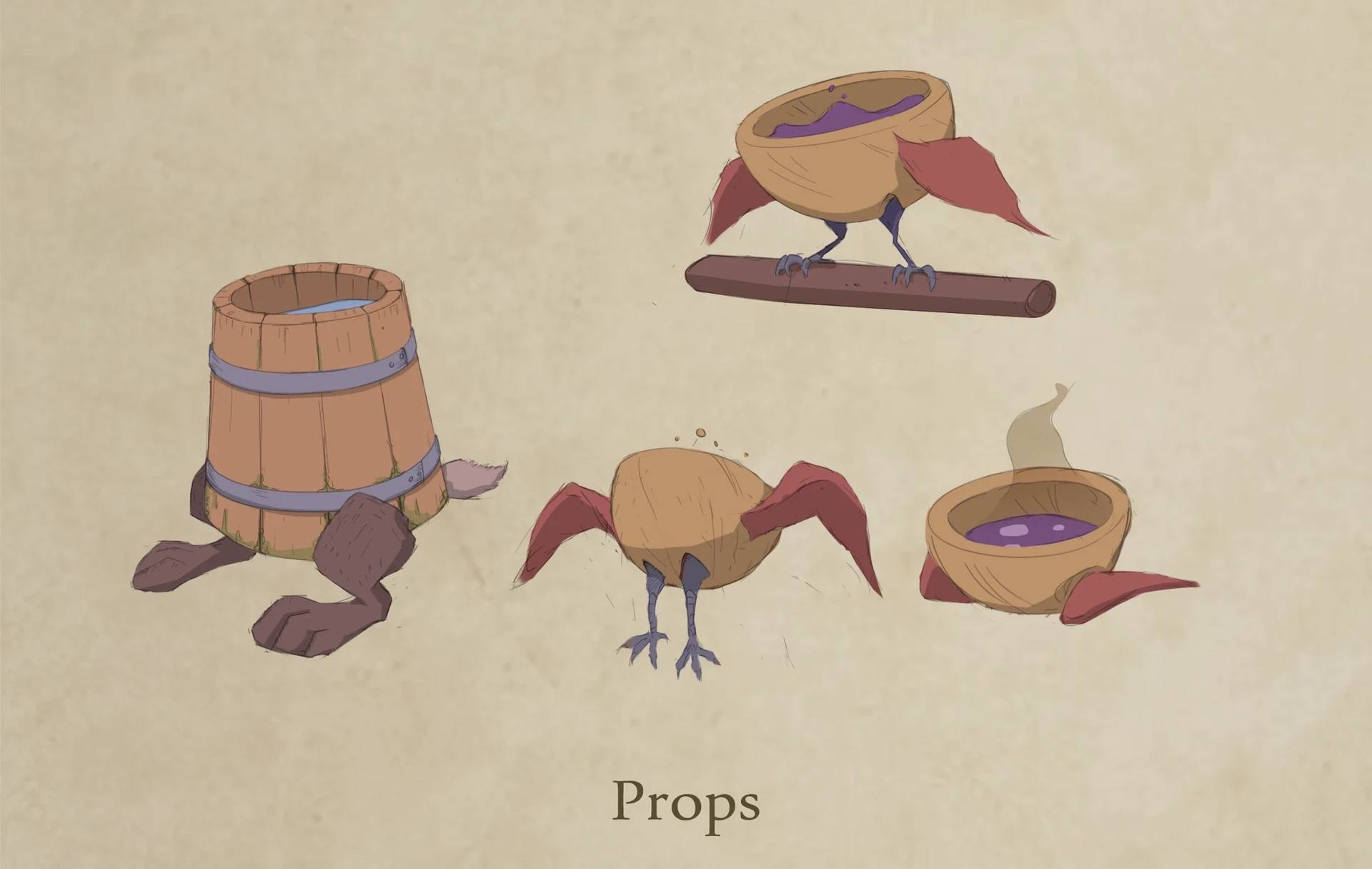 Potion bowls and barrels on bird legs